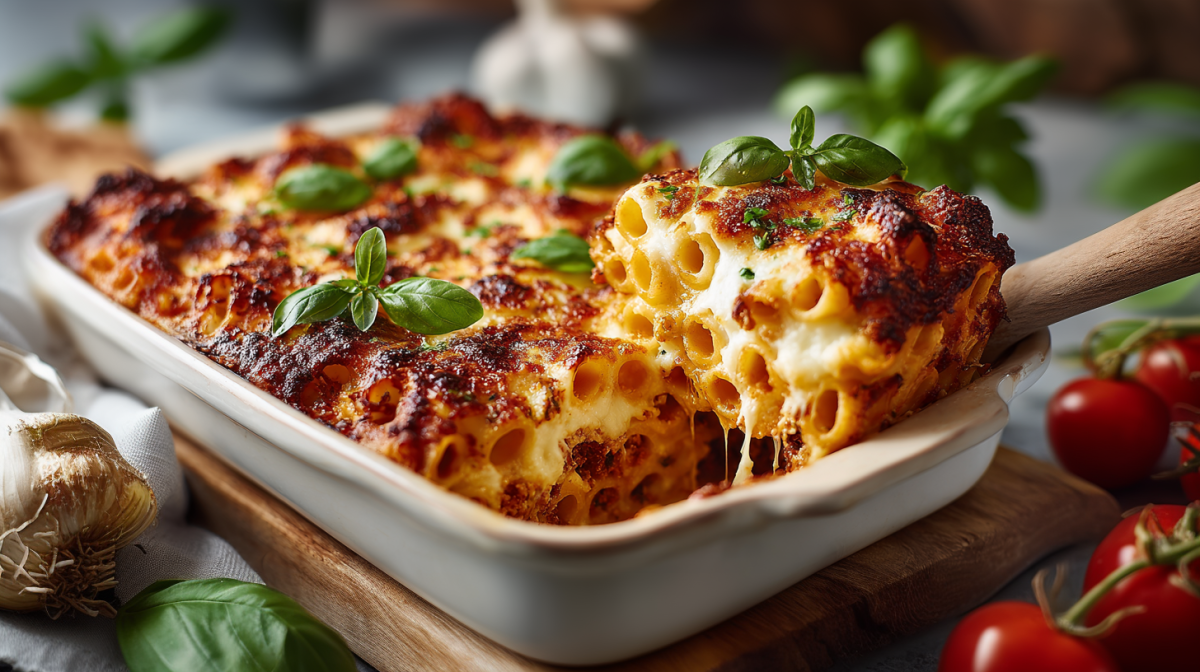 Baked Ziti in a white casserole dish. A wooden spoon lifts out a portion. The dish is on a wooden board. Basil, tomatoes, and garlic are scattered around it.
