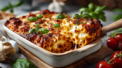 Baked Ziti in a white casserole dish. A wooden spoon lifts out a portion. The dish is on a wooden board. Basil, tomatoes, and garlic are scattered around it.