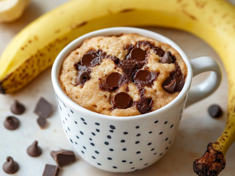 A banana mug cake sits on a light background. Chocolate pieces and a banana are scattered around the mug.