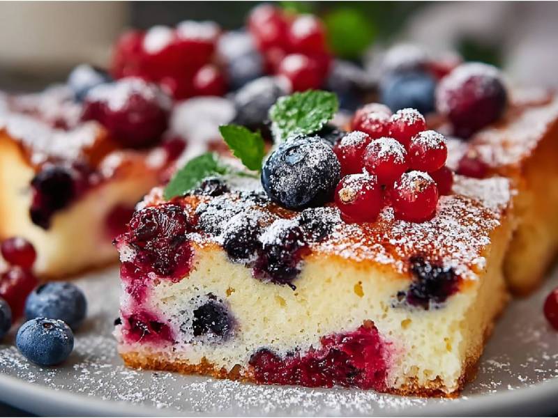 Plate with a piece of buttermilk cake with berries.