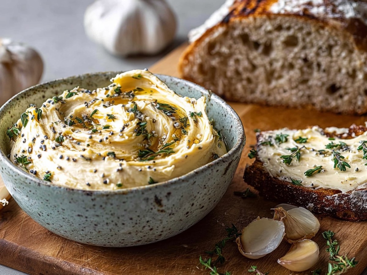 A bowl of caramelized garlic butter, which is on a wooden board with a sliced sourdough bread. Next to the bowl is a slice of bread spread with the butter. Around it are individual cloves of garlic as well as whole heads.
