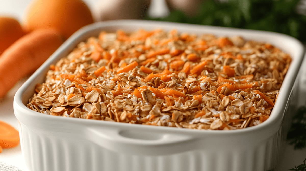 A pan of baked carrot cake oats sits on a table. The top is golden brown, with visible shredded carrot and hints of cinnamon.