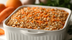 A pan of baked carrot cake oats sits on a table. The top is golden brown, with visible shredded carrot and hints of cinnamon.
