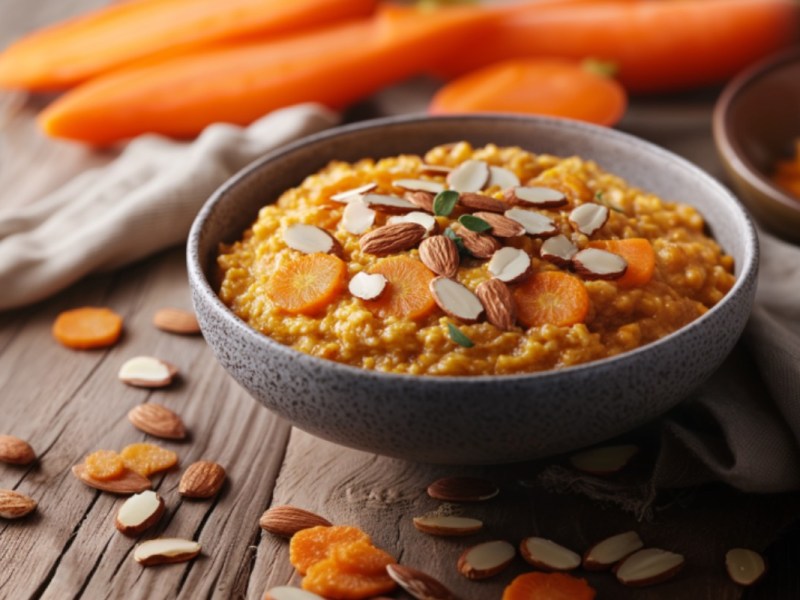 A bowl of carrot Oatmeal. Surrounded by fresh ingredients.