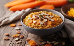A bowl of carrot Oatmeal. Surrounded by fresh ingredients.