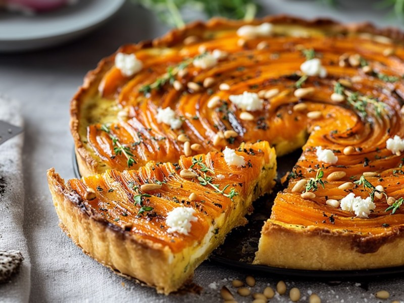 A carrot and ricotta tart garnished with some feta. The tart has been sliced. In the background you can see a plate of red onions. Next to it there seem to be fresh herbs lying around. Pine nuts are scattered in front of the tart.