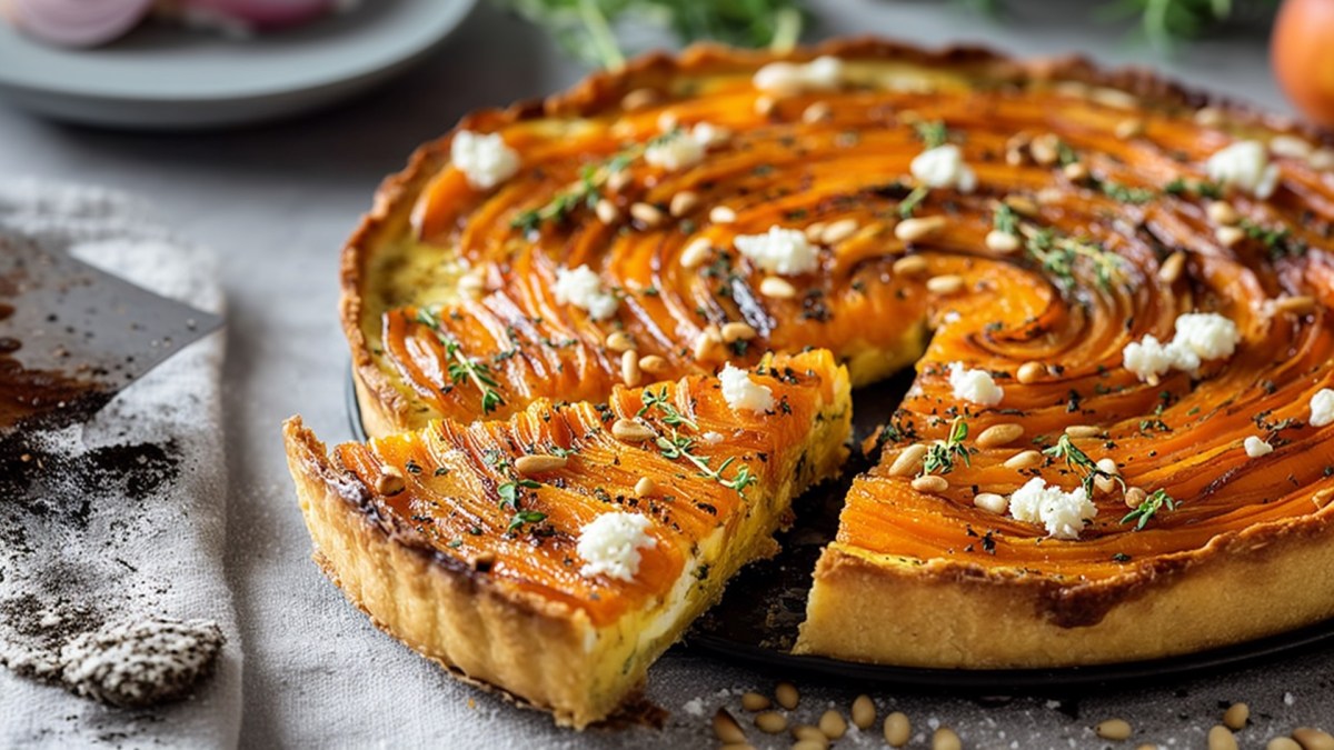 A carrot and ricotta tart garnished with some feta. The tart has been sliced. In the background you can see a plate of red onions. Next to it there seem to be fresh herbs lying around. Pine nuts are scattered in front of the tart.