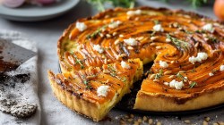 A carrot and ricotta tart garnished with some feta. The tart has been sliced. In the background you can see a plate of red onions. Next to it there seem to be fresh herbs lying around. Pine nuts are scattered in front of the tart.