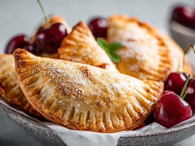 A bowl lined with white baking paper and freshly baked cherry empanadas from the air fryer. They are garnished with some fresh cherries.