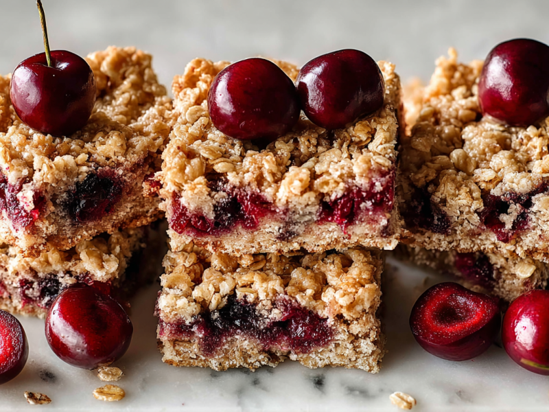 Several small stacks of cherry flapjacks.