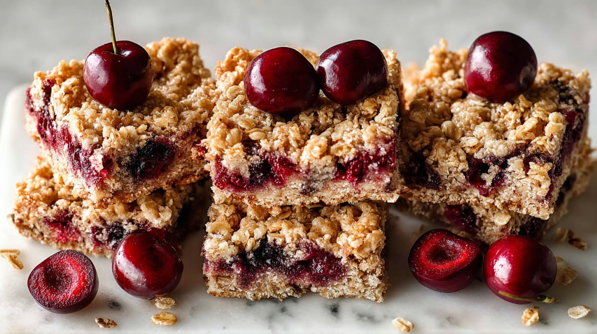 Several small stacks of cherry flapjacks.