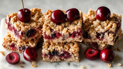 Several small stacks of cherry flapjacks.