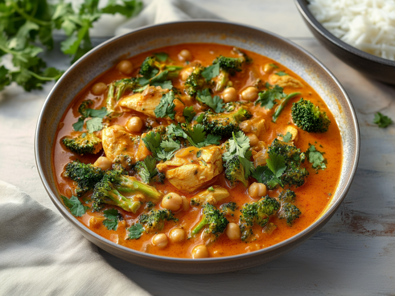 A plate of chicken and chickpea stew with broccoli, garnished with fresh cilantro. Next to the plate is another plate of rice. In addition, fresh cilantro, a kitchen towel, and individual chickpeas are lying around.