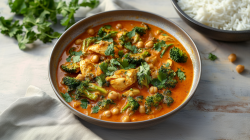 A plate of chicken and chickpea stew with broccoli, garnished with fresh cilantro. Next to the plate is another plate of rice. In addition, fresh cilantro, a kitchen towel, and individual chickpeas are lying around.