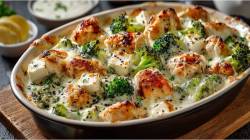 Baking dish with chicken and broccoli casserole with feta