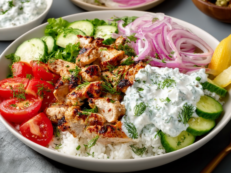 A Chicken-Tzatziki bowl with tender meat and crunchy vegetables. Next to it is a fork.