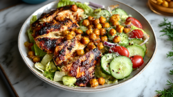A deep plate of chickpea salad with grilled chicken.