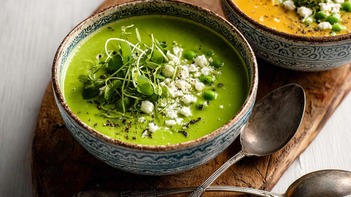 A bowl of chilled pea soup with feta.