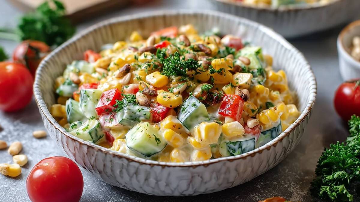 Bowl of corn and bell pepper salad on a table