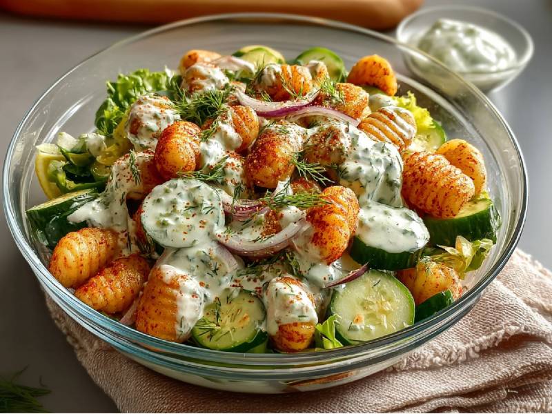 Bowl of cucumber-gnocchi salad