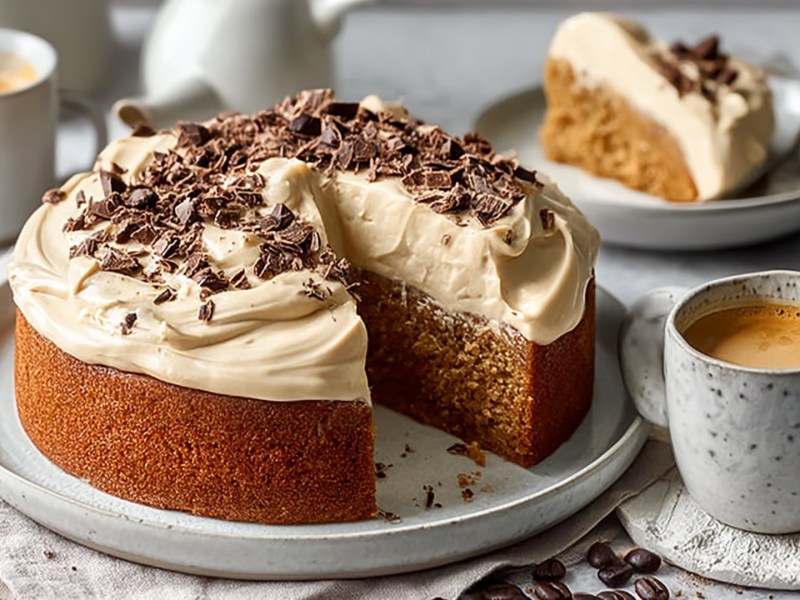 A plate with a round, sliced Espresso Yogurt Cake sprinkled with a bit of chopped dark chocolate. Next to it is a cup of coffee. In the background you can see a piece of cake on a plate and another coffee cup.