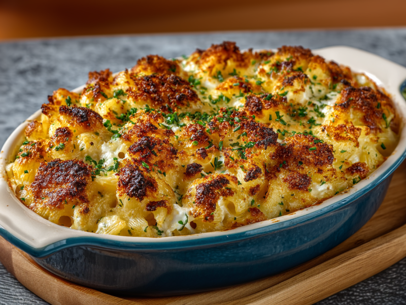 A baking dish with goat cheese mac and cheese on a wooden trivet. Fresh herbs lie next to it.