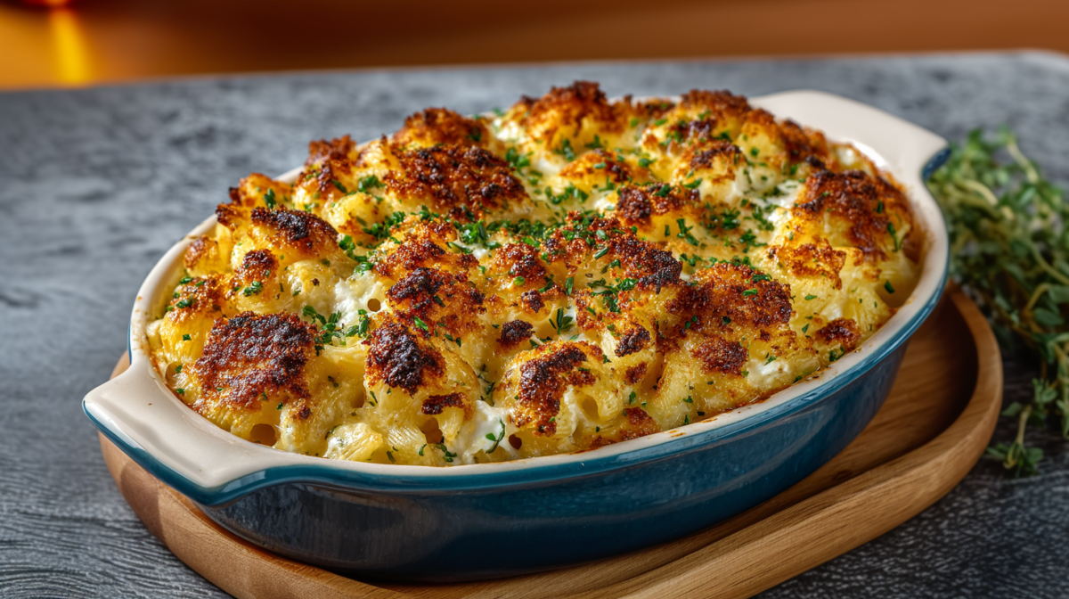 A baking dish with goat cheese mac and cheese on a wooden trivet. Fresh herbs lie next to it.