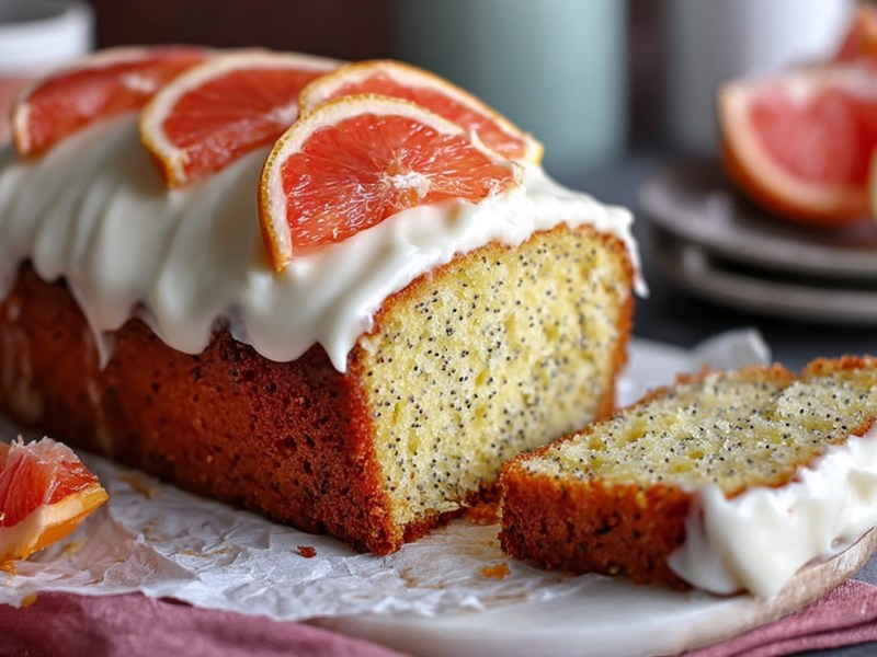 A sliced grapefruit poppy seed cake topped with cream cheese frosting and fresh grapefruit slices. In the background, grapefruit pieces on a plate and half a lemon can be seen. The cake lies on white baking paper on a pink kitchen towel.