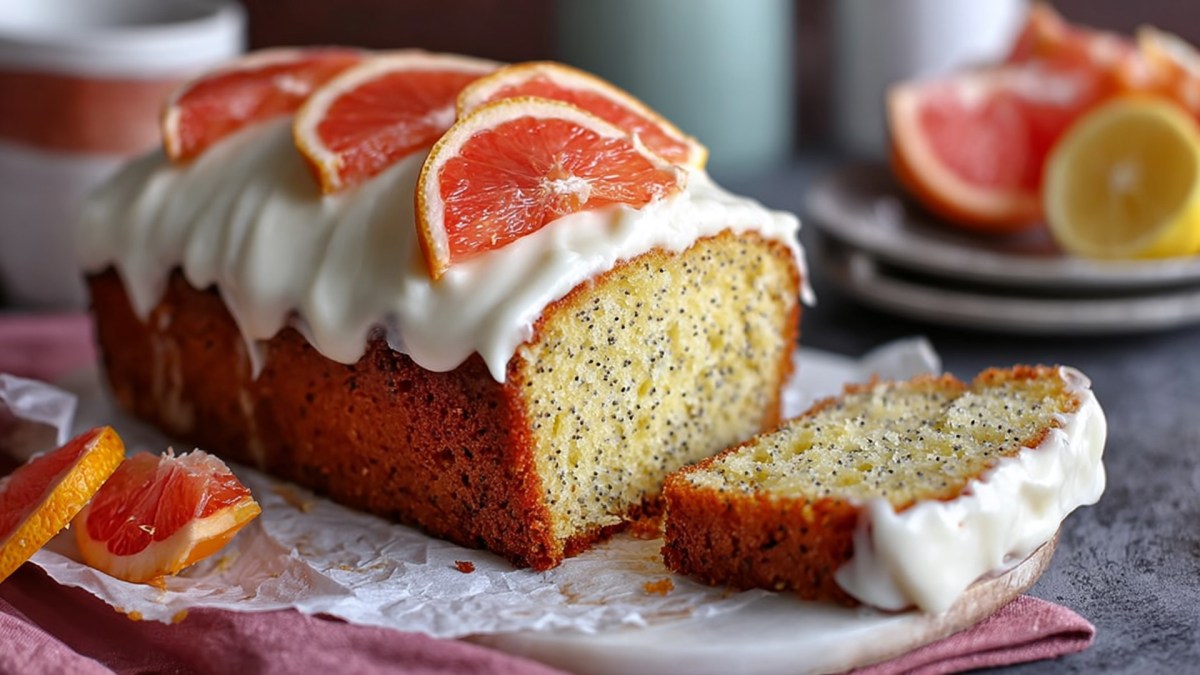 A sliced grapefruit poppy seed cake topped with cream cheese frosting and fresh grapefruit slices. In the background, grapefruit pieces on a plate and half a lemon can be seen. The cake lies on white baking paper on a pink kitchen towel.