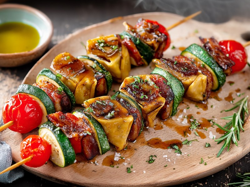 A plate with two grilled Maultaschen skewers. Fresh rosemary and some scattered salt and pepper lie on the plate. In the background, you can see a bowl of olive oil.