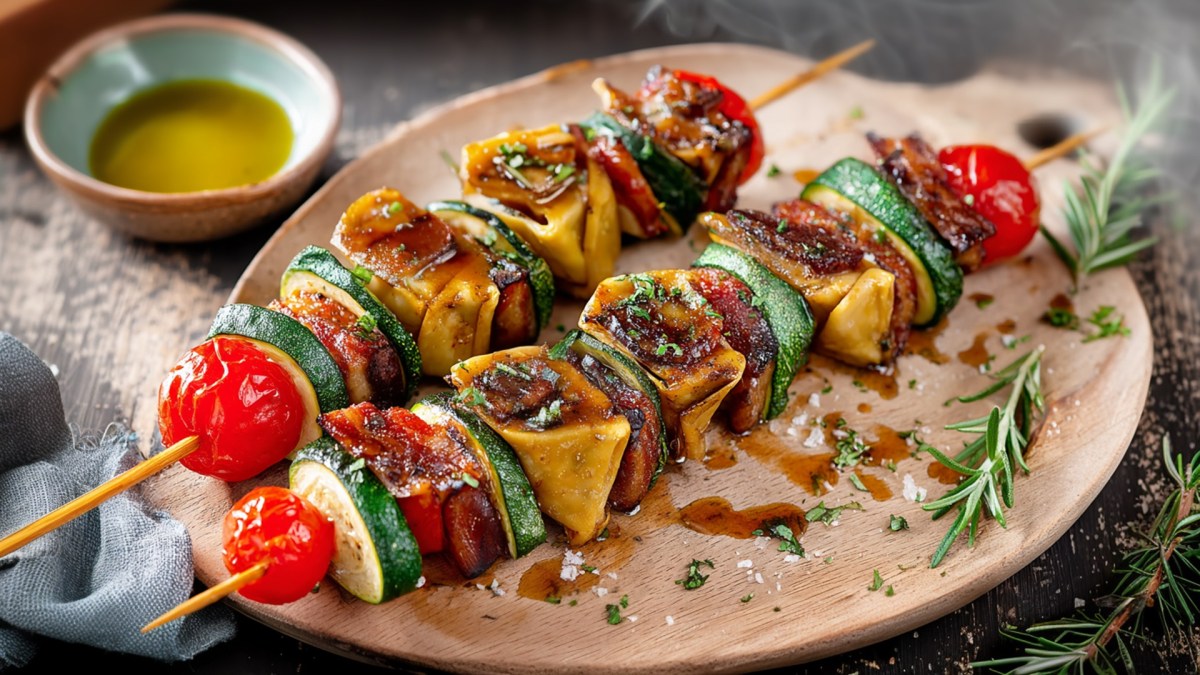 A plate with two grilled Maultaschen skewers. Fresh rosemary and some scattered salt and pepper lie on the plate. In the background, you can see a bowl of olive oil.
