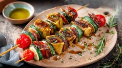 A plate with two grilled Maultaschen skewers. Fresh rosemary and some scattered salt and pepper lie on the plate. In the background, you can see a bowl of olive oil.