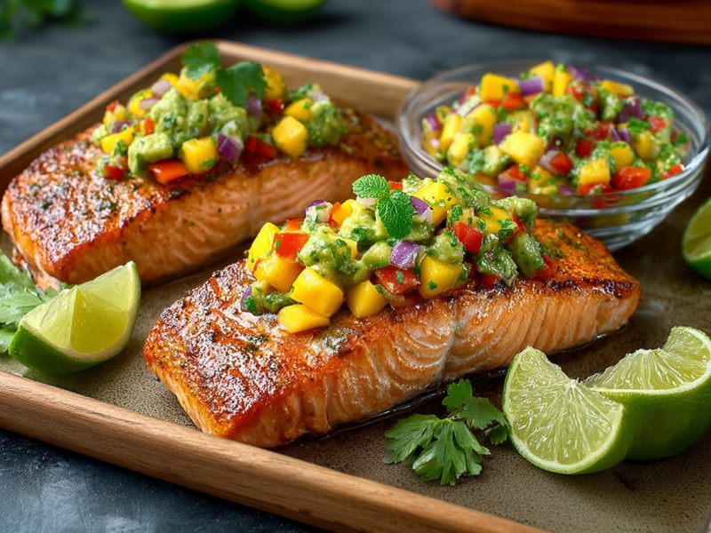Two pieces of grilled salmon lie on a tray, each with a large dollop of mango salsa. Lime wedges and cilantro leaves as decoration next to it.