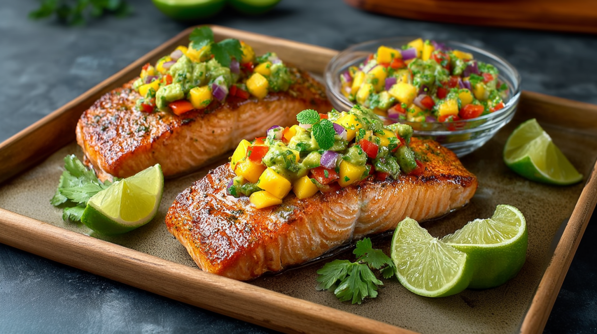 Two pieces of grilled salmon lie on a tray, each with a large dollop of mango salsa. Lime wedges and cilantro leaves as decoration next to it.