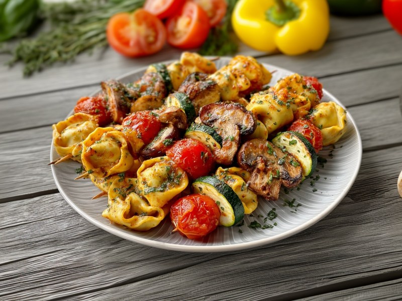 A plate of grilled tortelloni skewers. The plate is on a wooden surface. Yellow bell peppers, tomatoes, and fresh herbs are scattered around.