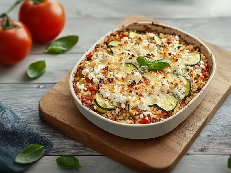 A baking dish with a Ground Beef, Rice, and Zucchini Casserole topped with baked feta and garnished with a few leaves of fresh basil. There is also a bunch of tomatoes in the background. A kitchen towel and individual basil leaves are also lying around.