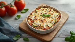 A baking dish with a Ground Beef, Rice, and Zucchini Casserole topped with baked feta and garnished with a few leaves of fresh basil. There is also a bunch of tomatoes in the background. A kitchen towel and individual basil leaves are also lying around.