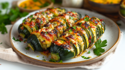 Three Hasselback zucchini are on a plate. They are topped with cheese and sprinkled with fresh herbs. The plate is on a beige cloth. Fresh herbs and bowls of sauces are visible in the background.