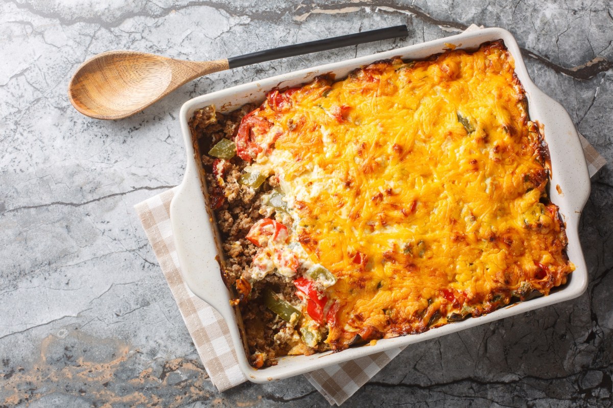 A John Wayne casserole on a stone table.