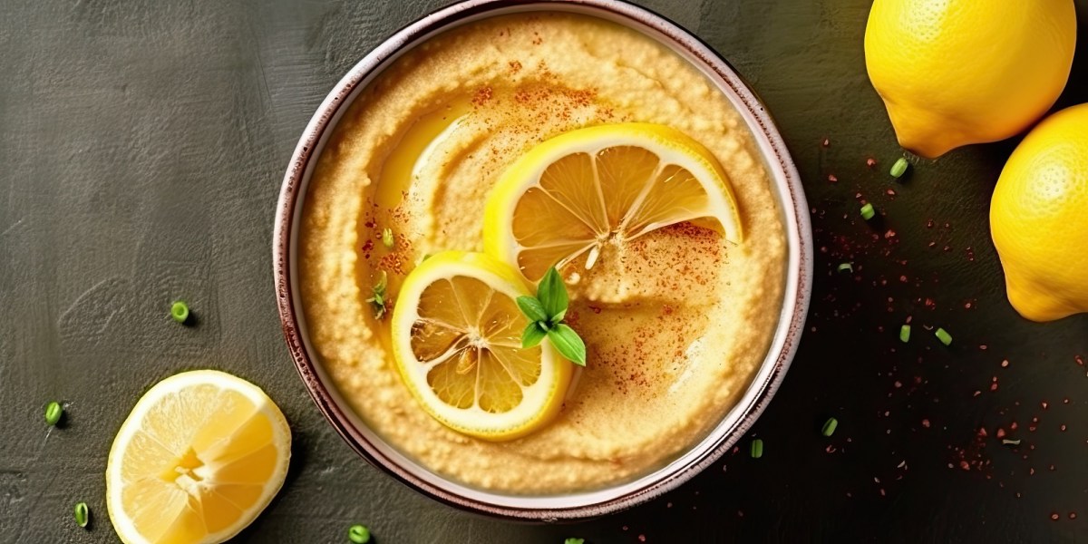 A bowl of lemon hummus with lemons next to it