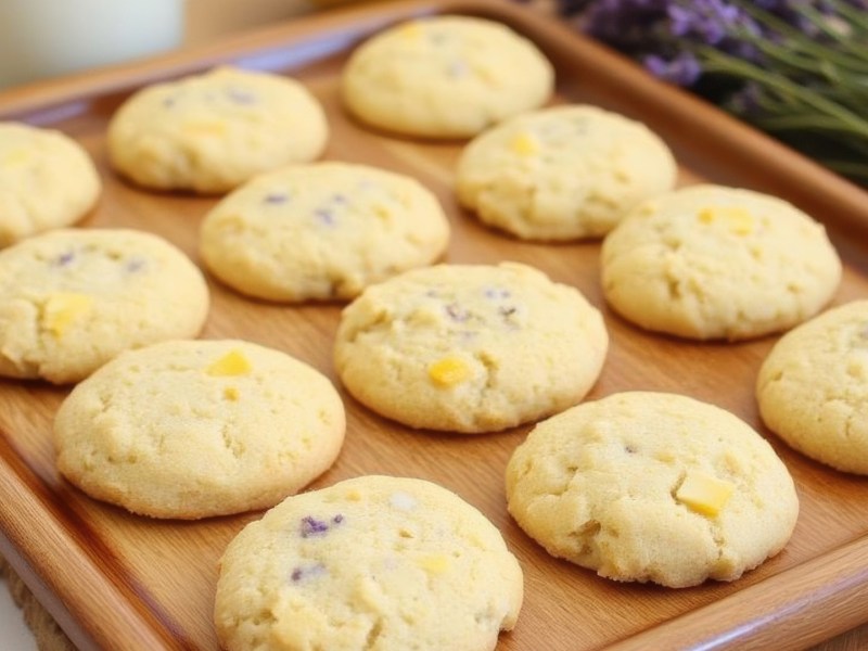 Several rows of lemon lavender cookies on a baking sheet.