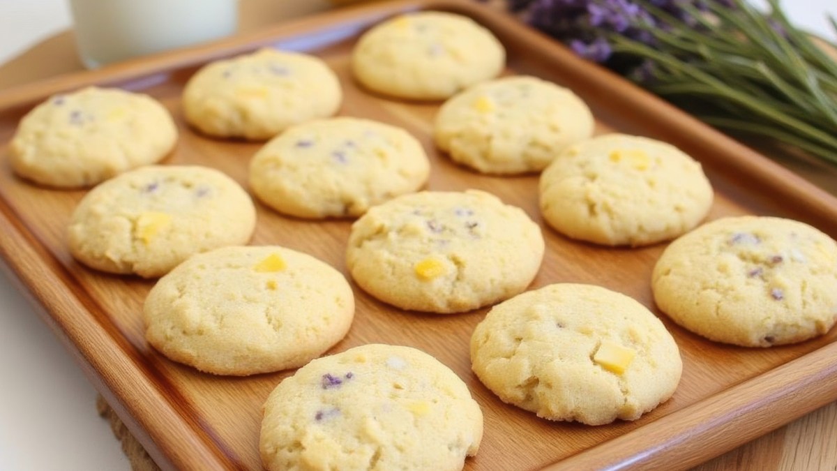 Several rows of lemon lavender cookies on a baking sheet.