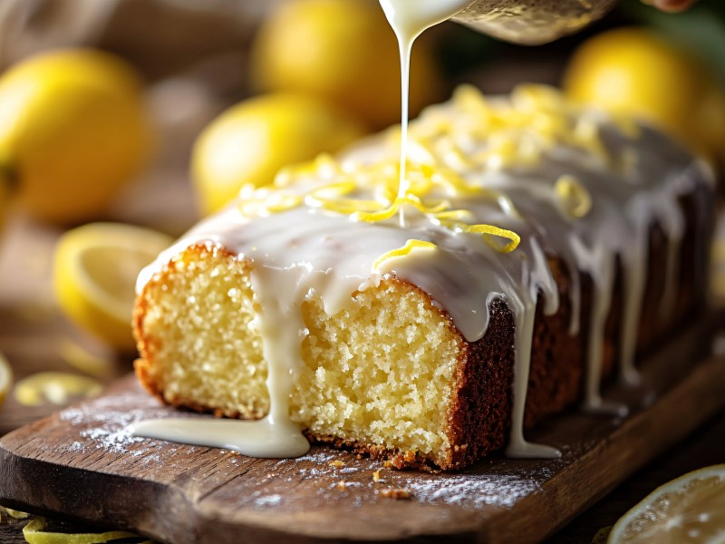 Sliced Yogurt Lemon Loaf with sugar glaze