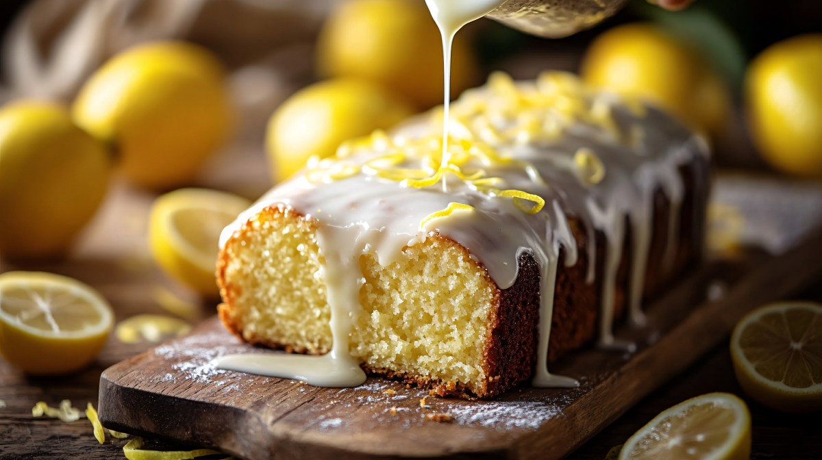 Sliced Yogurt Lemon Loaf with sugar glaze