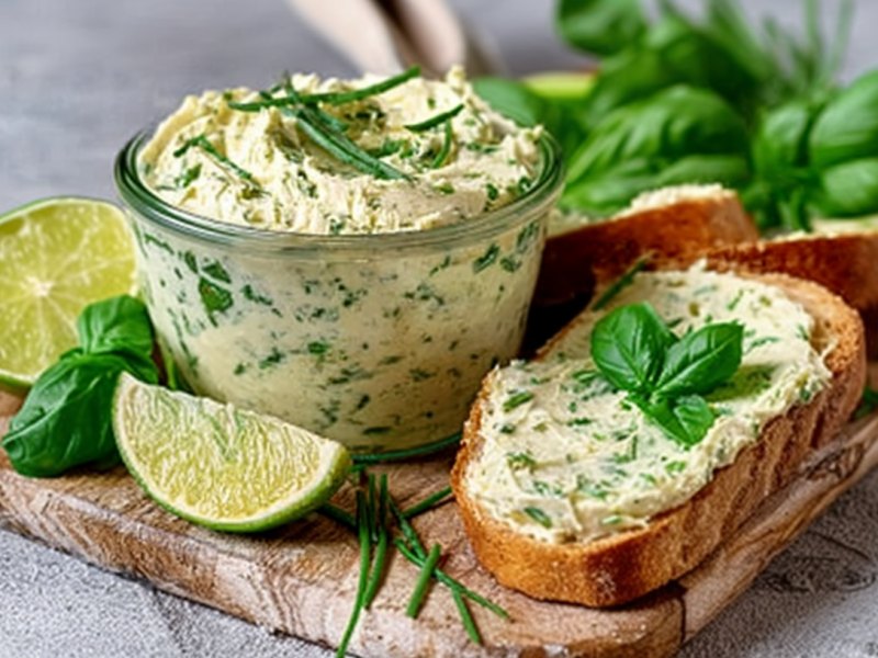 Lime-basil butter, served in a small glass. Next to it is a slice of bread with the butter. Limes and basil as decoration next to it.