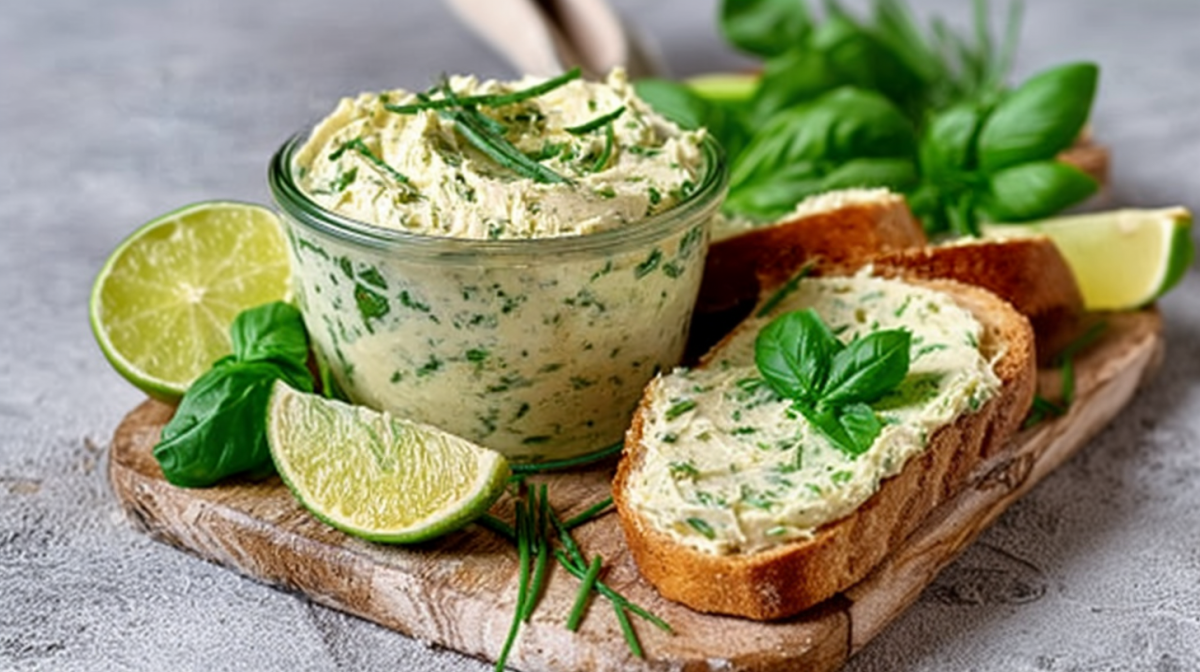 Lime-basil butter, served in a small glass. Next to it is a slice of bread with the butter. Limes and basil as decoration next to it.