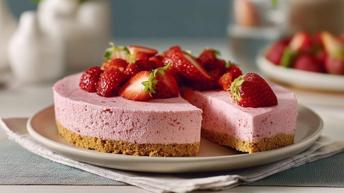 A no-bake skyr strawberry cake is arranged on a plate. One piece is cut.