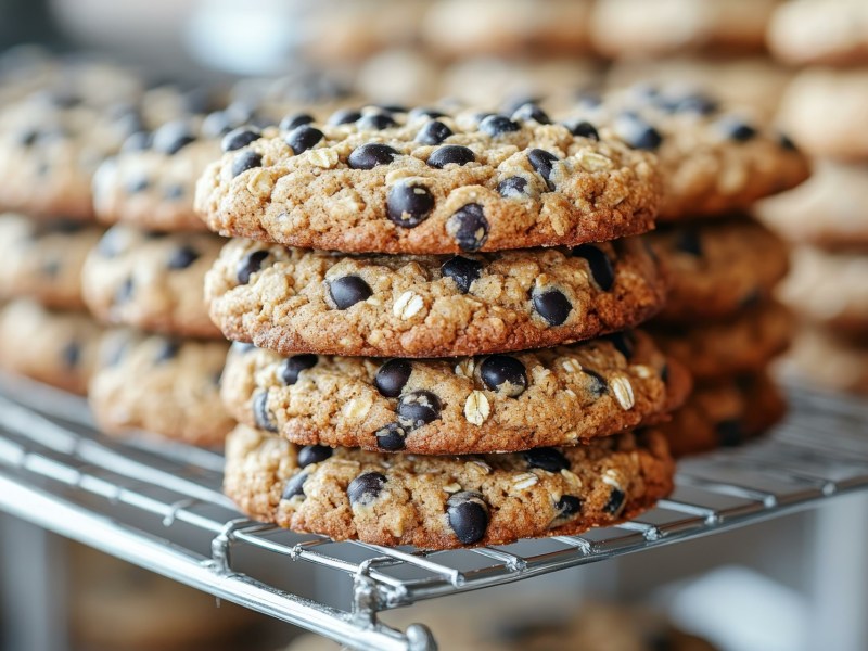 Oatmeal chocolate chip cookies cooling on a wire rack.