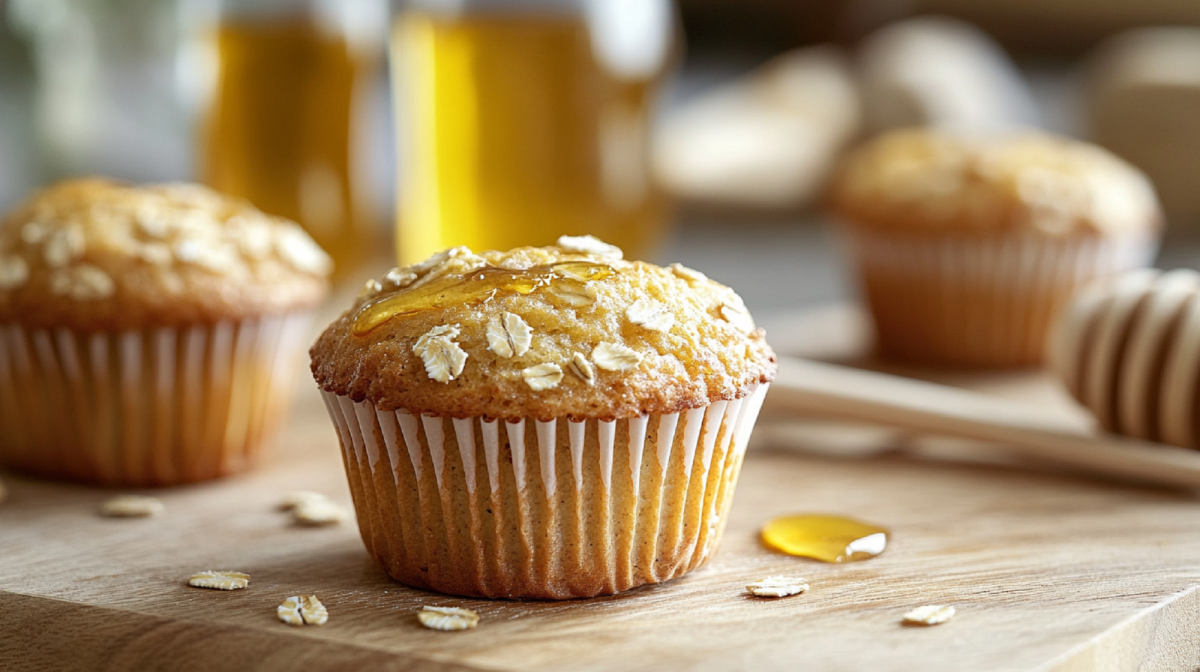 A golden honey oat muffin on a wooden block with honey behind it.