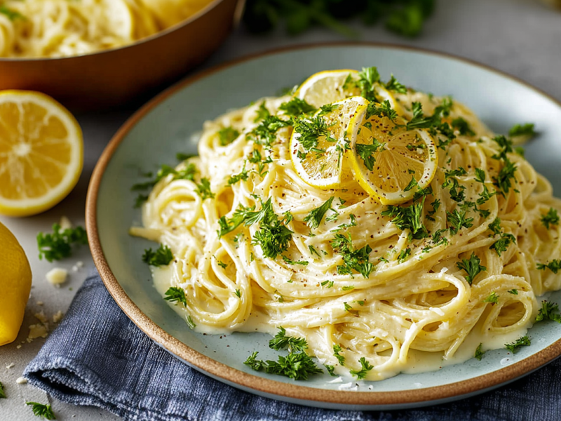 A plate of creamy One Pot Lemon Pasta, garnished with lemon slices and fresh parsley. Lemons lie next to the plate, a pot can be seen in the background.